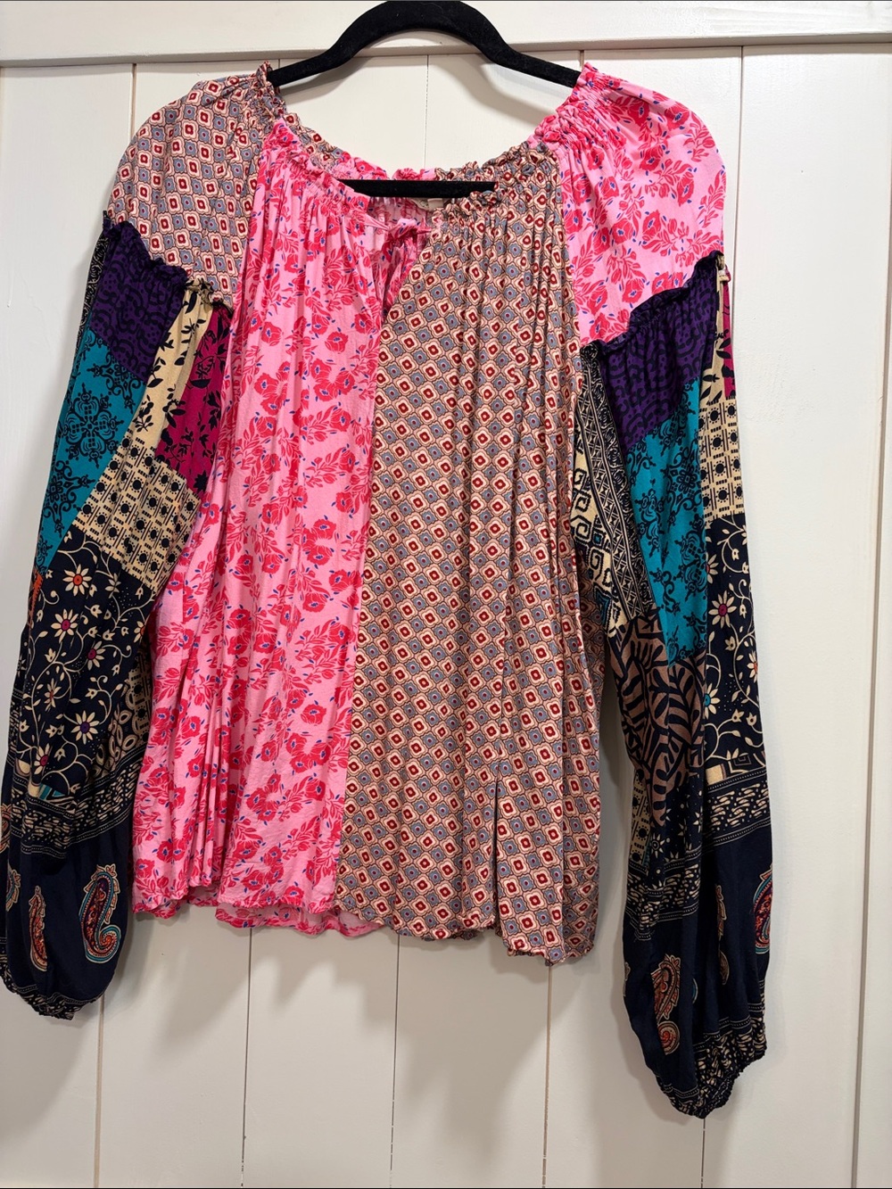 easel Pink Multi-Pattern Patchwork Peasant Tunic